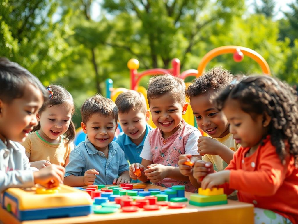 A vibrant, close-up shot of a diverse group of children engaged in playful learning activities at a sunny outdoor setting, surrounded by nature. The focus is on their joyful expressions and interactions as they explore educational toys and games. The background features colorful playground equipment and lush green trees, creating a lively and inviting atmosphere.