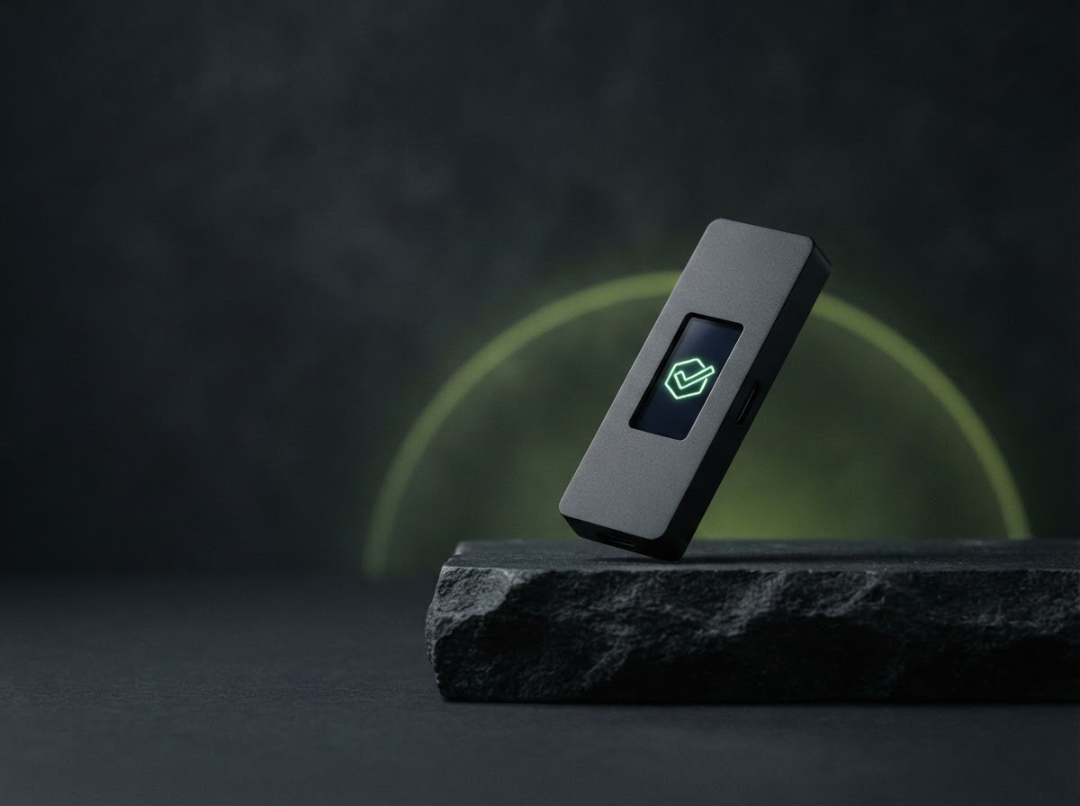 Matte black hardware wallet device illuminated by a soft green verification light