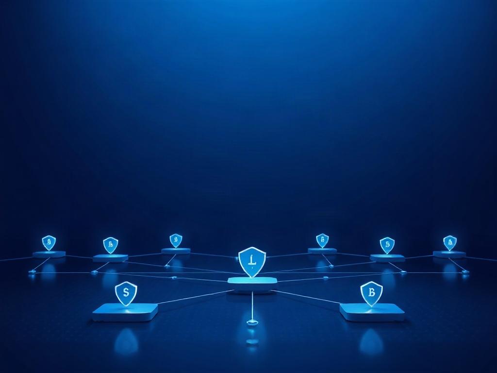 A professional, modern, and minimalist image representing a decentralized tactical node architecture. The design features a dark mode aesthetic with subtle lighting effects, showcasing cybersecurity elements like cryptographic symbols and network connections. The composition should convey a sense of advanced technology and security, with a focus on interconnected nodes and digital interfaces.