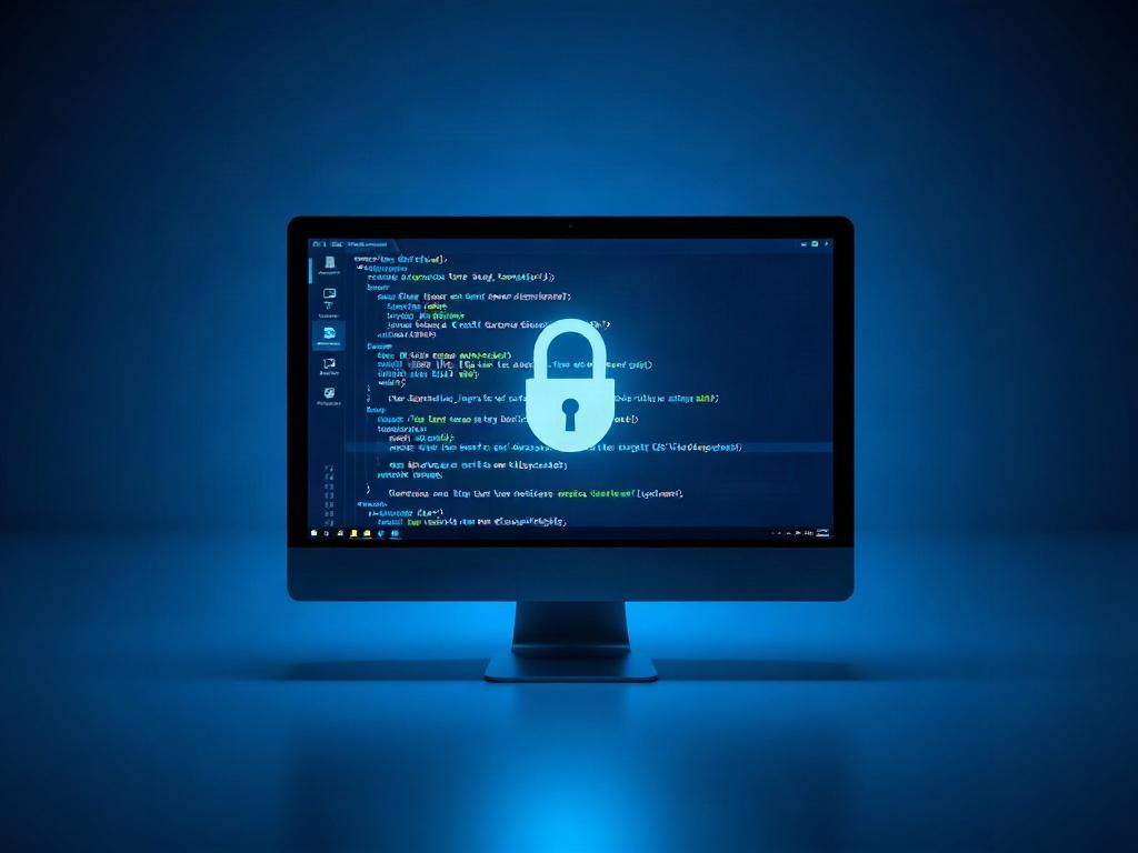 A sleek and stealthy representation of secure socket communication, with a computer screen showing a secure socket snippet. The overall design should convey a professional and futuristic atmosphere with dark mode aesthetics.