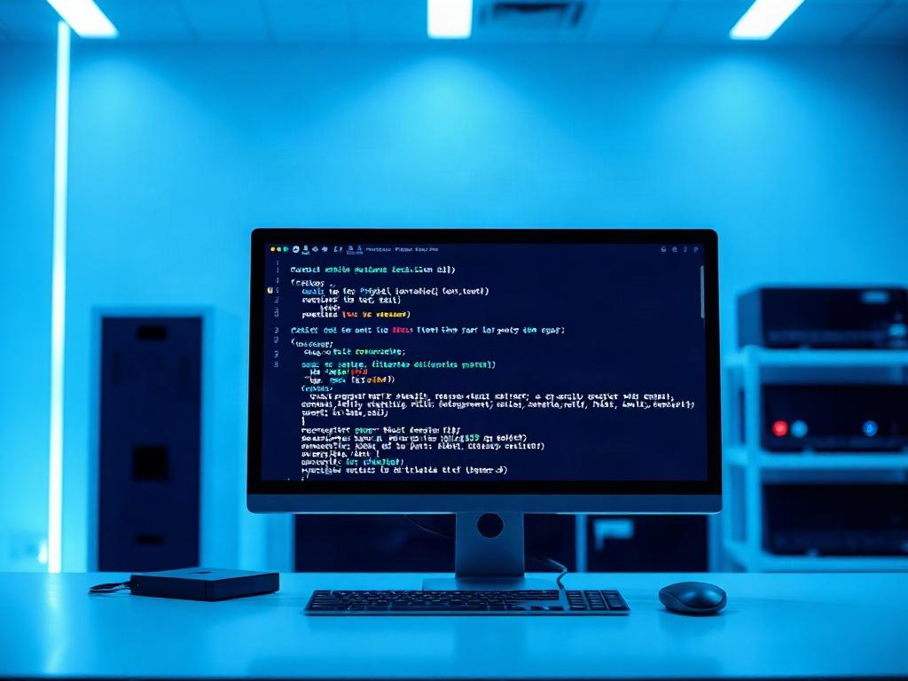 A professional and modern cybersecurity lab scene featuring a computer screen displaying a Python local scan code block, with soft lighting creating a sleek and minimalist atmosphere. The background should have subtle dark mode elements, emphasizing a high-tech environment.