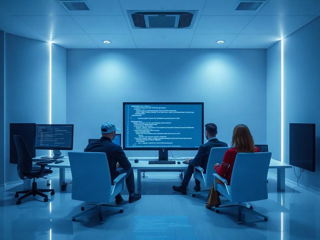 An advanced cybersecurity workspace showcasing a team conducting controlled threat simulations, with a computer screen displaying an automation command using Sherlock. The design should reflect a modern, minimalist aesthetic with dark mode elements.