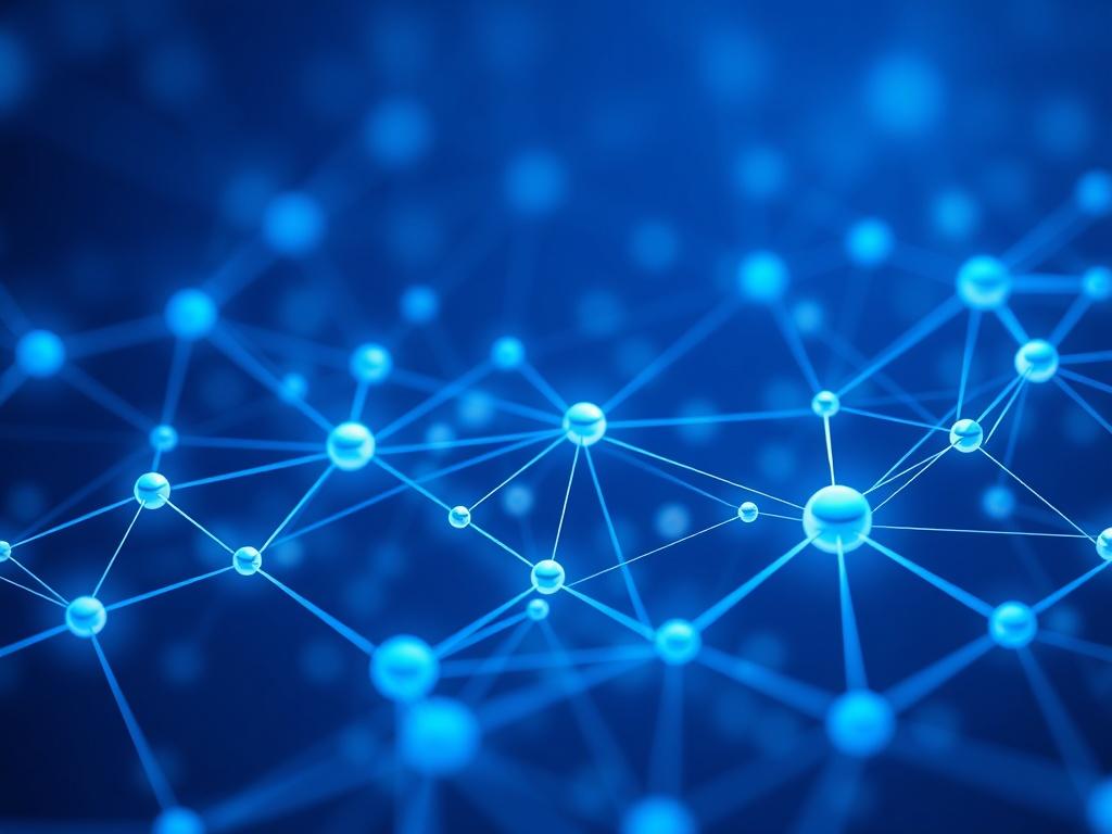 A high-resolution image illustrating a decentralized network of nodes connected, symbolizing blockchain technology. The design should have a blue and white color palette, conveying a sense of security and innovation.