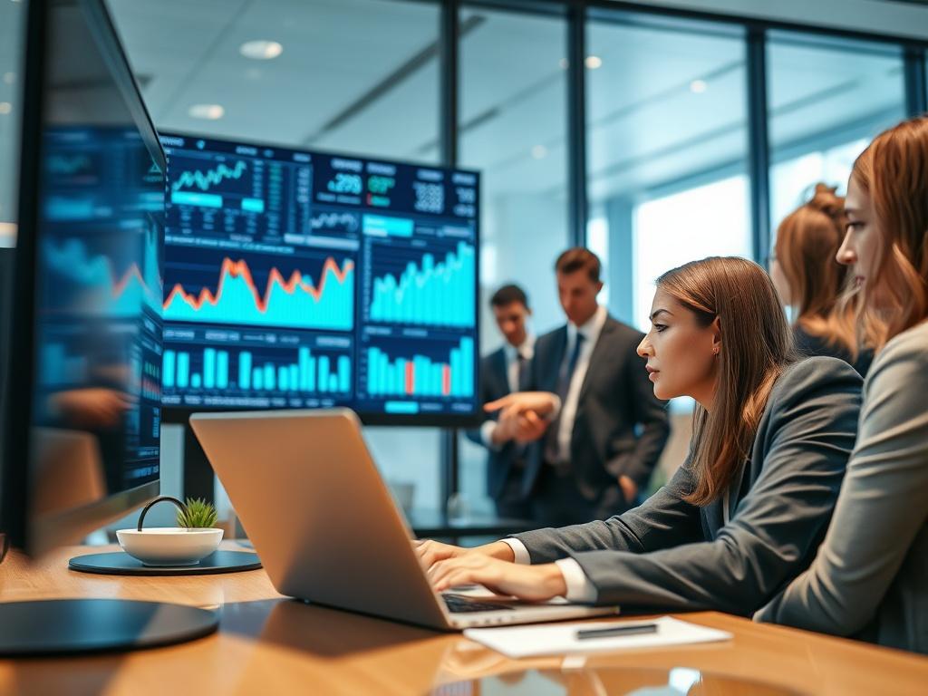 A financial analyst reviewing market trends on a laptop, surrounded
