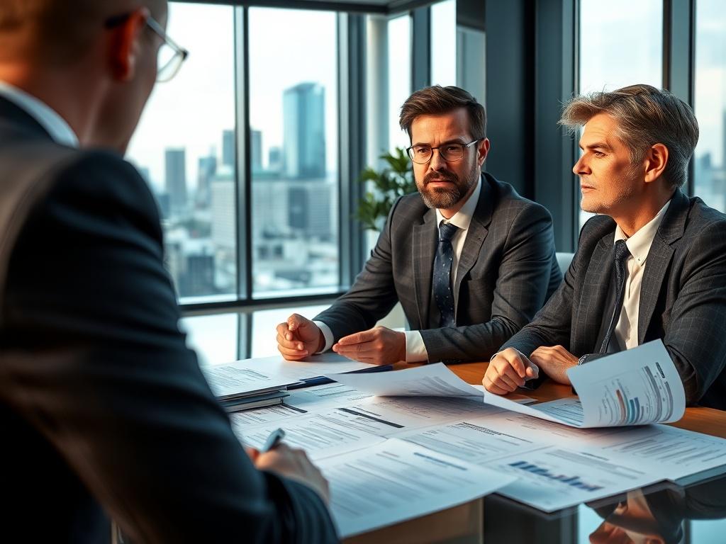 A professional consultant in a sharp suit, engaged in a