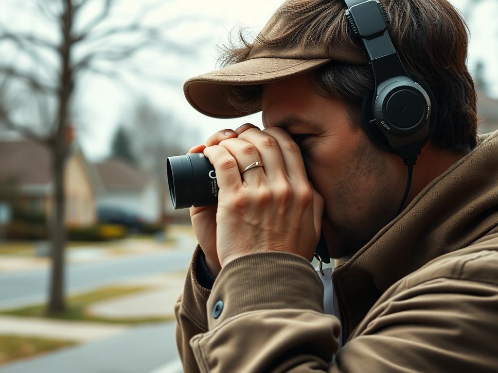 A close up shot of a private investigator using binoculars
