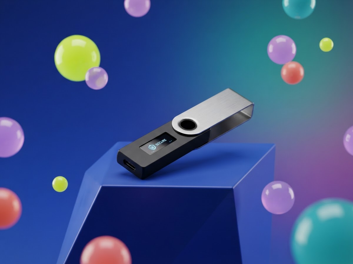 Sleek black hardware wallet displayed on a vivid blue plinth with colorful sculptural accents