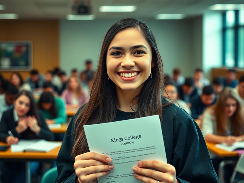 A close-up shot of a student celebrating their admission into King's College London, holding acceptance letter with a beaming smile. The background shows a diverse classroom setting with students engaged in learning, emphasizing success and education. The image is hyper-realistic, shot with a 45mm f/1.2 lens style, with a vibrant green color theme (rgb(50, 170, 39)).