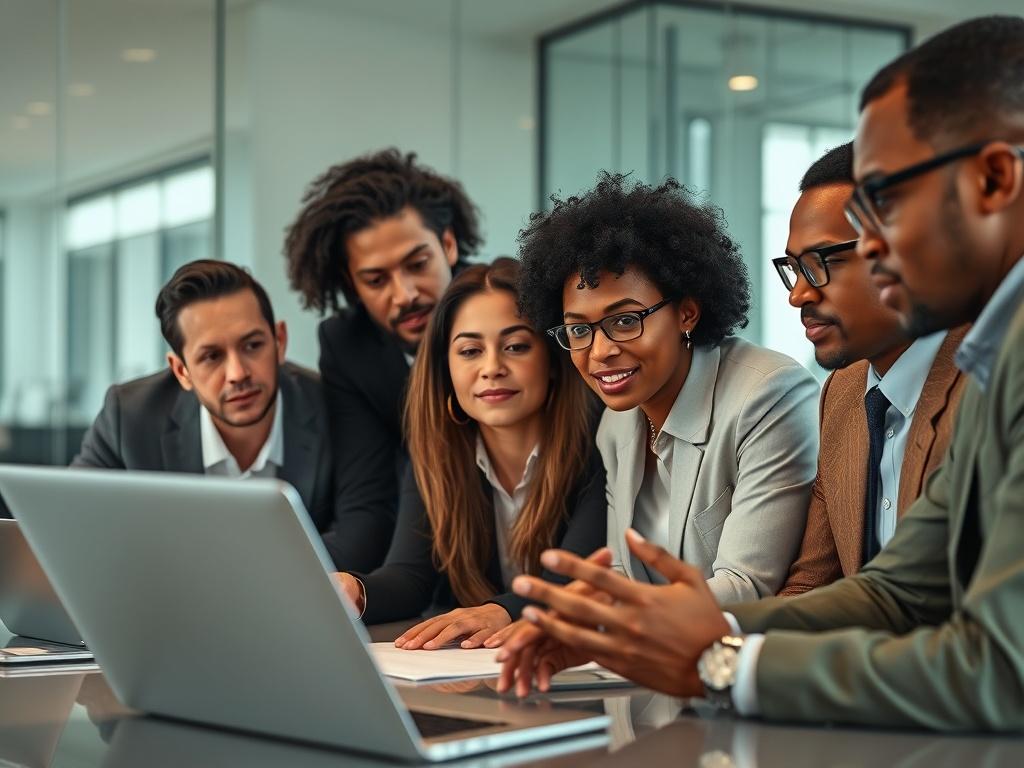 A high-resolution close-up shot of a diverse group of professionals engaged in a strategic planning session. They are discussing technology solutions with a laptop and digital devices on the table. The setting is modern, with a sleek conference room backdrop. The image is vibrant, highlighting the collaborative atmosphere with a focus on the individuals' expressions of determination and insight. The color palette includes shades of green, compatible with rgb(50, 170, 39).