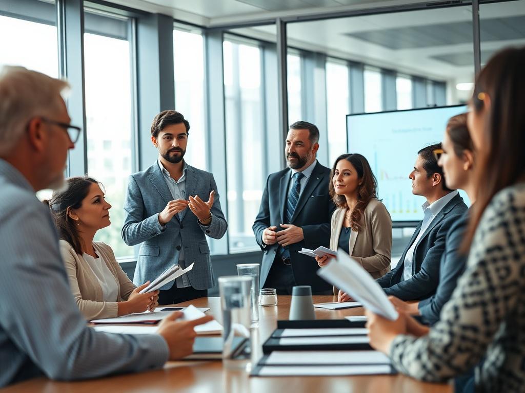 A focused, high-resolution image of a diverse group of professionals engaged in a training session. The setting is a modern conference room with large windows allowing natural light to stream in. One instructor stands at the front, passionately explaining concepts using a digital presentation. The participants are actively taking notes and discussing among themselves. The image captures a sense of collaboration and learning, with an emphasis on technology as a central theme.