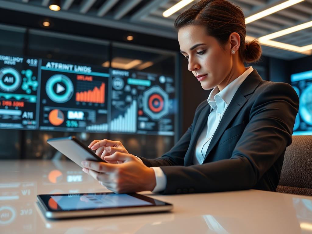 A hyper-realistic image showcasing a business professional analyzing data on a digital tablet, with AI-generated graphics overlaying the screen. The setting is a sleek, modern office with a futuristic aesthetic. The background features digital displays showing various AI applications, such as data analytics and automation. The professional appears focused and engaged, symbolizing the innovative edge that AI brings to business. The image conveys a sense of advancement and technology-driven growth.