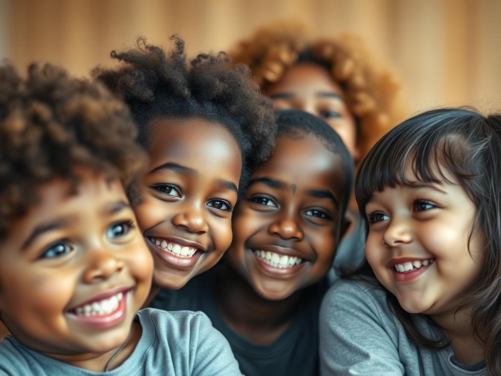 A close-up, hyper-realistic image of a diverse group of children from various ethnic backgrounds, symbolizing unity and hope. The children are smiling and engaging with one another, showcasing a sense of joy and togetherness. The background is softly blurred to keep the focus on the children, creating a warm and inviting atmosphere. The color palette features soft, vibrant tones that evoke positivity and inclusivity.