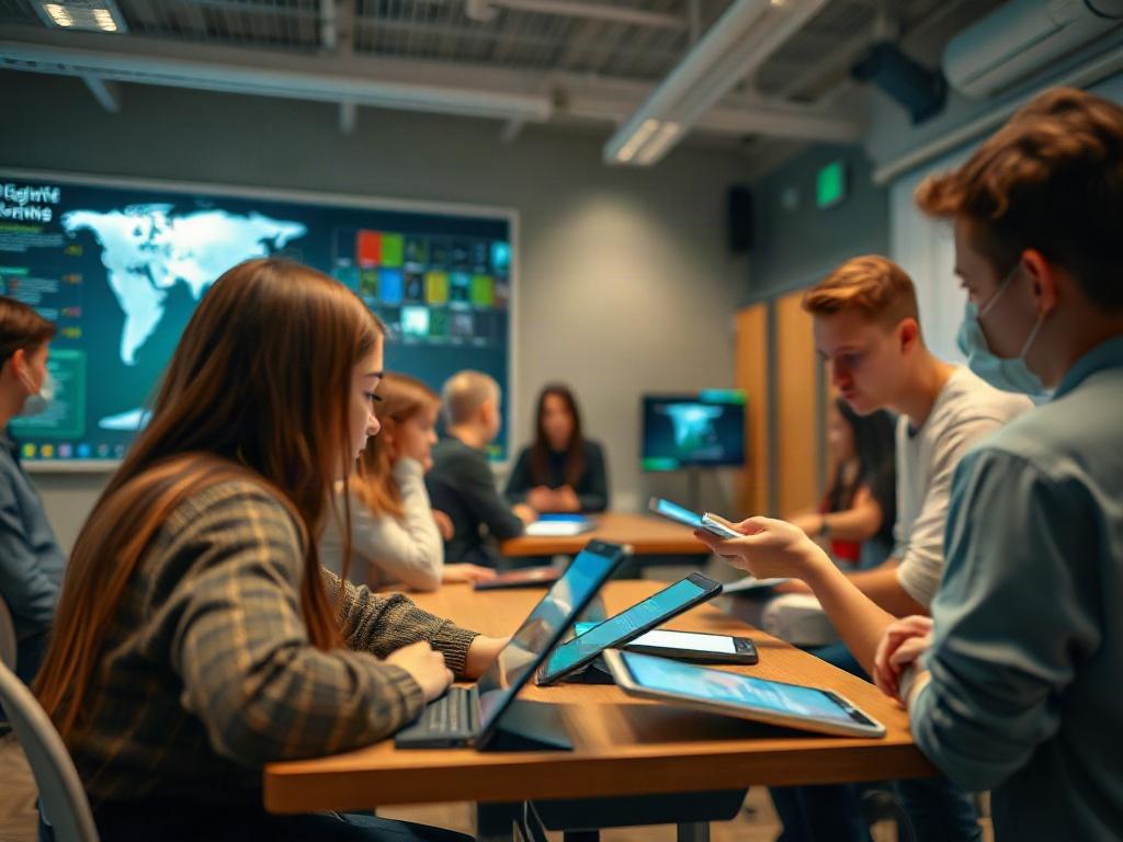 A classroom setting enriched with technology, showing students engaged with digital devices and interactive displays. The teacher facilitates a discussion, while students collaborate on projects. The environment is vibrant and dynamic, filled with modern learning tools like tablets and smart boards. The image reflects the transformation of traditional education into a tech-savvy learning experience.