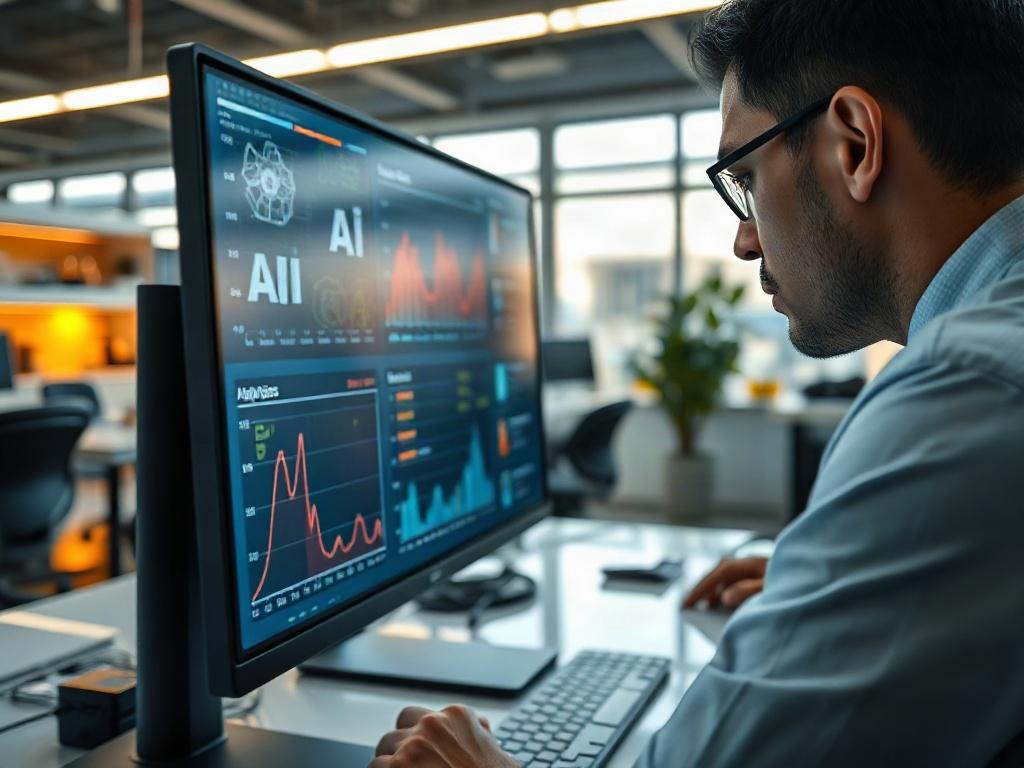 A high-tech workspace showcasing a computer screen displaying AI algorithms and data analytics. The focus is on a professional analyzing the screen, with AI-related visuals in the background, such as graphs and digital interfaces. The atmosphere is modern and sophisticated, highlighting the integration of technology in a business setting. The image conveys the essence of innovation and forward-thinking.