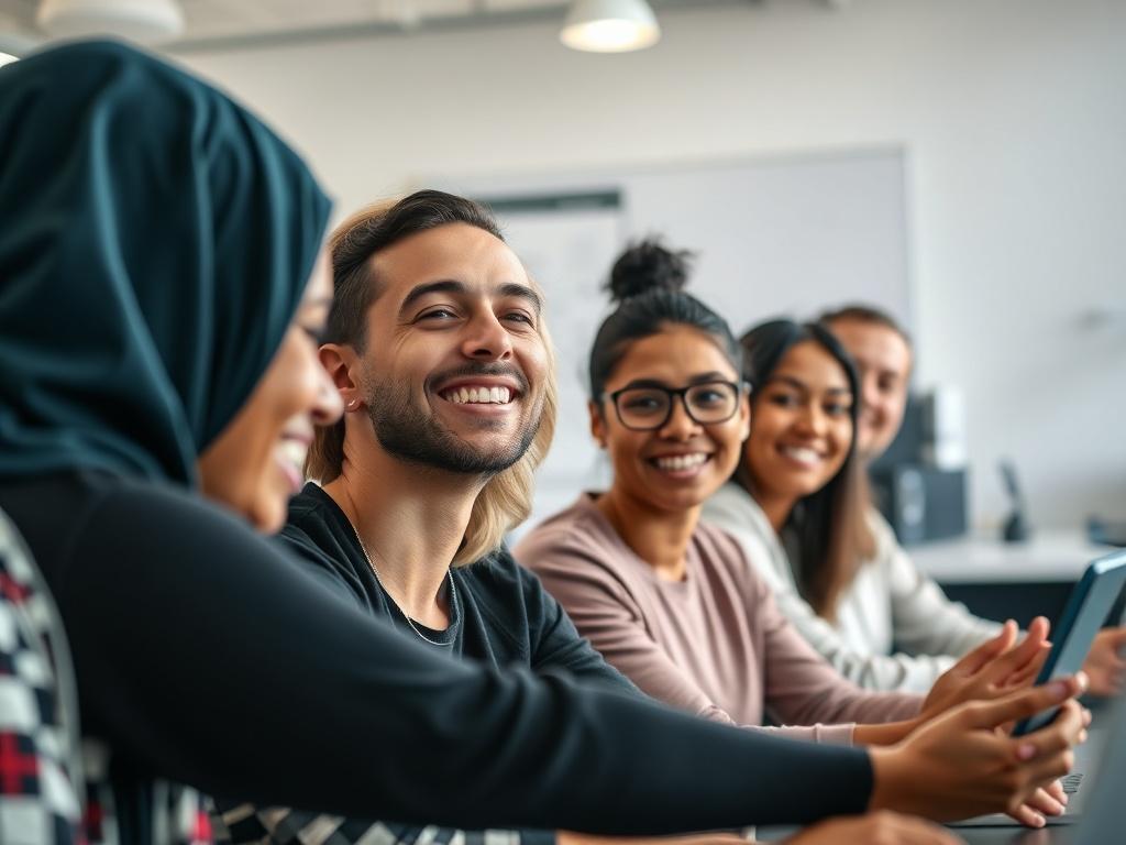 A close-up shot of a diverse group of young adults engaged in a vocational training session, displaying enthusiasm and collaboration. The background is a modern classroom setting with educational tools and technology visible. The lighting is bright and inviting, capturing the spirit of learning and empowerment. The image should reflect a hyper-realistic style, with a focus on the individuals' expressions and interactions.