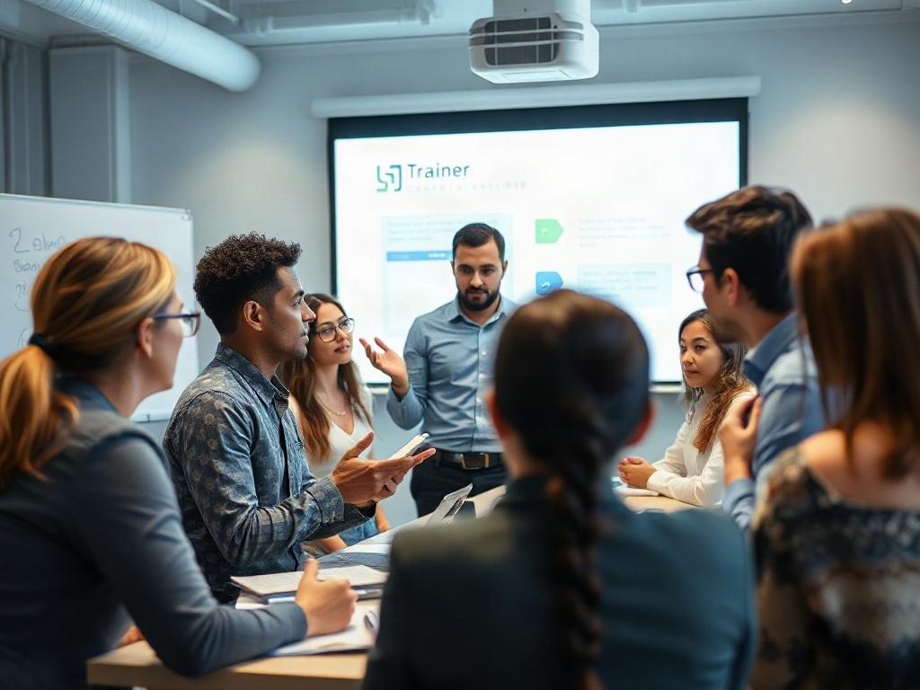 A professional trainer engaging with a diverse group of employees in a modern training room. The scene captures an interactive workshop atmosphere with a focus on collaboration. The background features a whiteboard with diagrams and a projector displaying engaging content. The lighting is bright and inviting, emphasizing a positive learning environment. The trainer is demonstrating a concept, while participants are actively engaged, taking notes, and discussing. The image showcases a close-up of the trainer