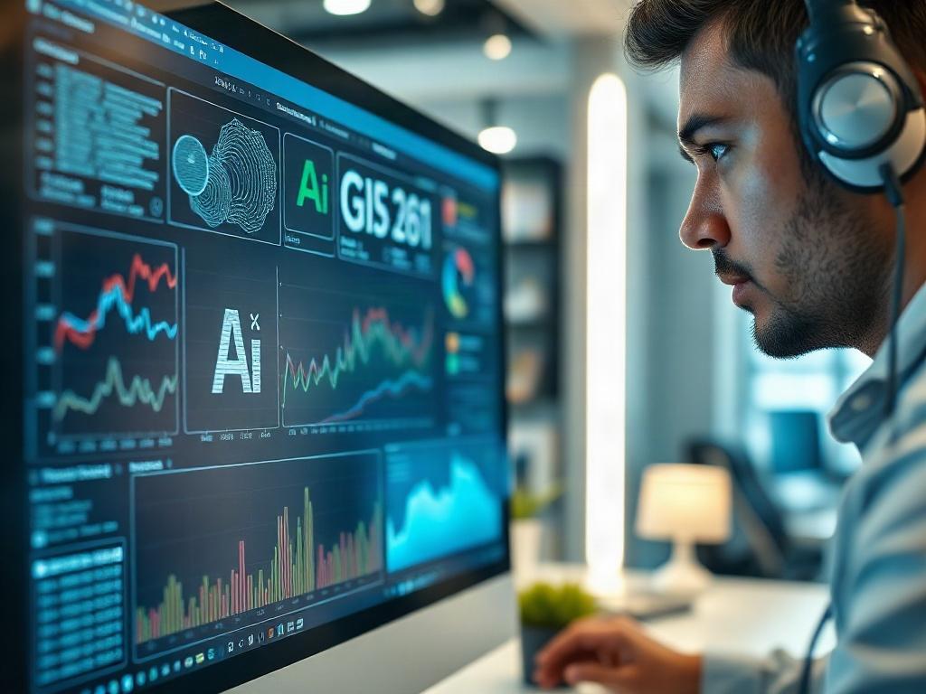 A close-up of a computer screen displaying complex AI algorithms and data visualizations. The background features a sleek, modern office environment with soft lighting, indicating advanced technology usage. An individual is seen analyzing the data, with a look of concentration and determination. The setting conveys a sense of innovation and progress, showcasing the integration of AI in the workplace. This image captures the essence of technological advancement, shot with a 45mm f/1.2 lens.