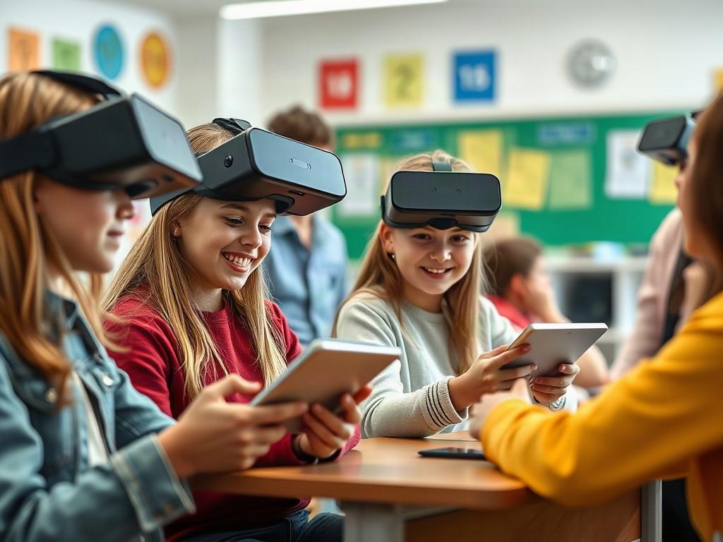 An interactive classroom setting with students using tablets and VR headsets for immersive learning experiences. The scene shows students engaged in a collaborative project, with a teacher facilitating discussions and guiding them. The background features a modern classroom environment with bright colors and technology-enhanced learning tools. The focus is on the students' expressions of excitement and curiosity as they explore new concepts. Captured in high-resolution, shot with a 45mm f/1.2 lens.