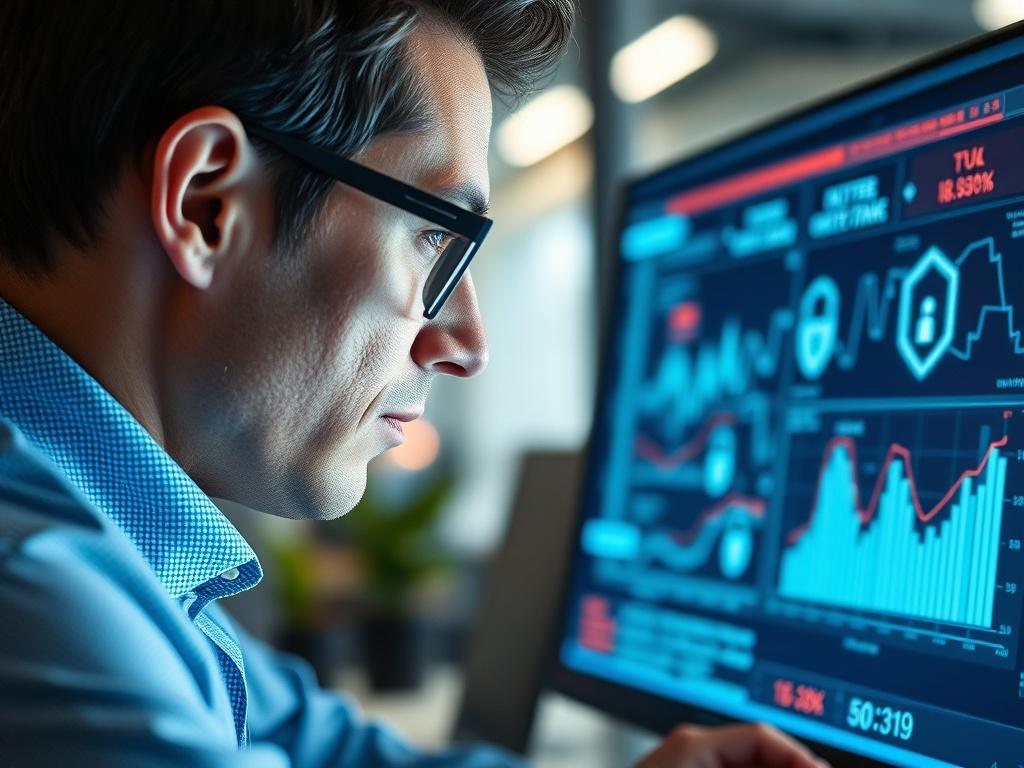 A close-up shot of a cybersecurity expert analyzing data on a computer screen, with a focus on digital security icons and graphs. The background should show a modern office environment, emphasizing technology and security. The image should be hyper-realistic, shot with a 45mm f/1.2 lens style, highlighting the expert's concentration and the intricate details of the data being analyzed. The primary color of the image should align with rgb(50, 170, 39).