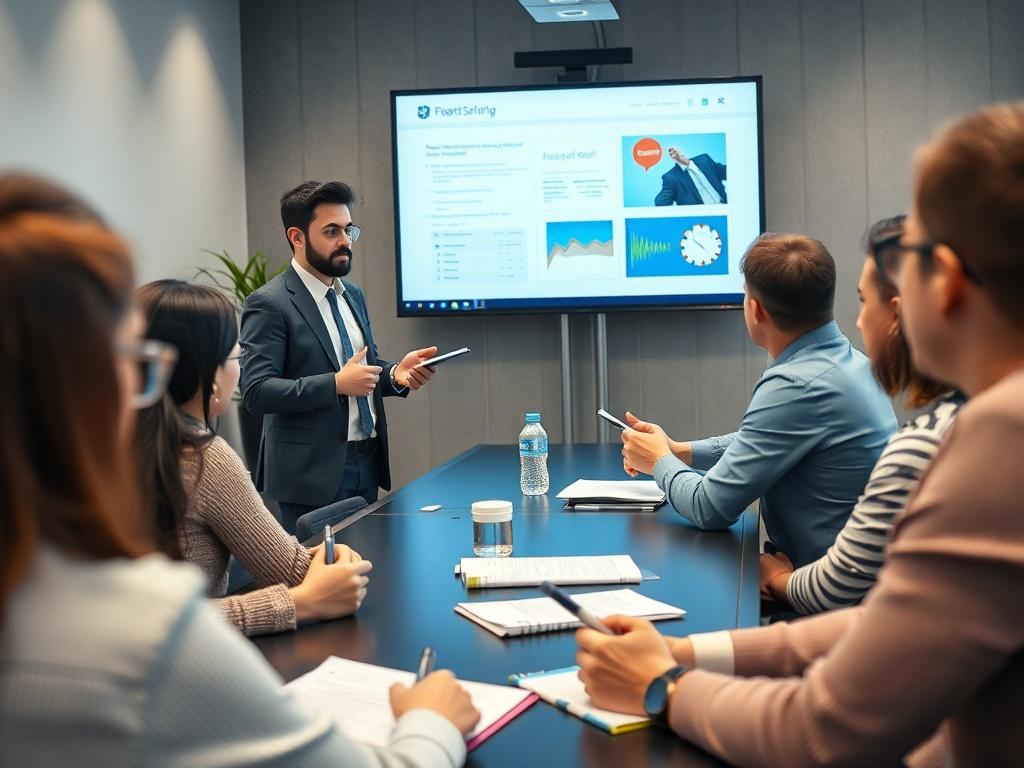 A realistic image of a corporate training session with employees engaged in a workshop. The setting features a trainer presenting on a digital screen while participants actively take notes and engage in discussions.