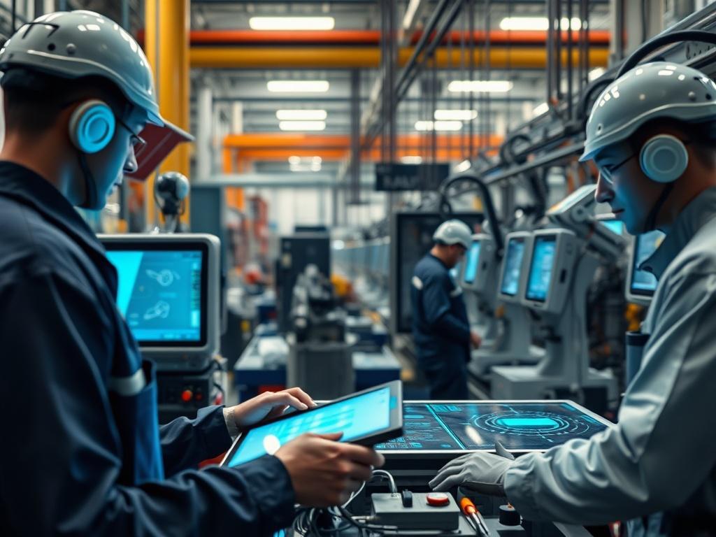 A high-resolution image of a manufacturing facility showcasing AI technologies in action. The scene includes automated machinery and workers interacting with digital interfaces, highlighting the innovative environment.