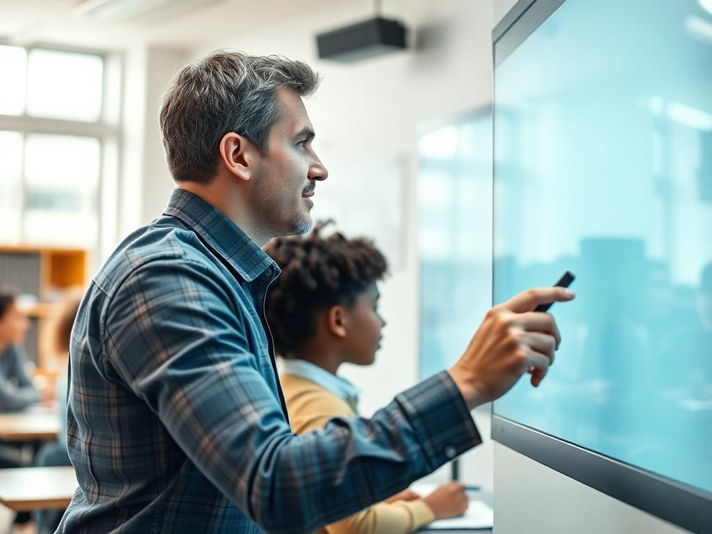 A close-up shot of a teacher interacting with students using a digital whiteboard in a classroom setting. The room is bright and engaging, with students actively participating. The focus is on the teacher and the digital tools being used, capturing the essence of modern education.