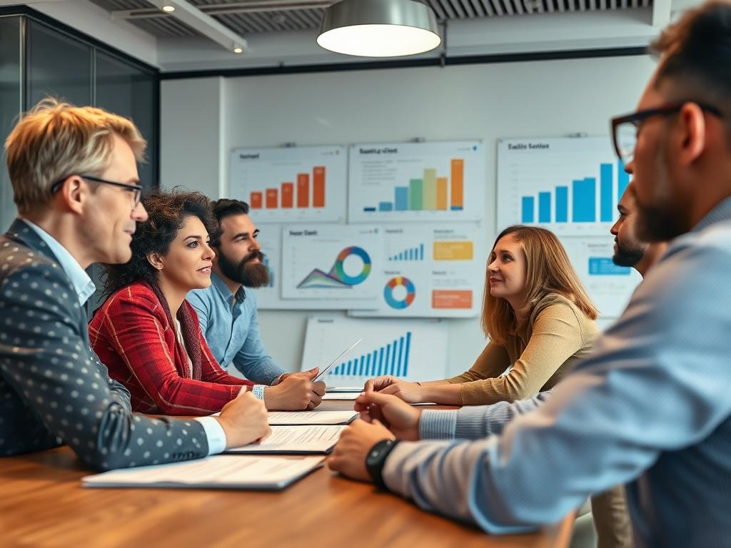 A close-up shot of a group of professionals from a local council discussing skill initiatives in a collaborative meeting. The setting is a modern conference room with charts and data presentations in the background, emphasizing strategic planning. The image should reflect teamwork and the importance of skills development in community growth.