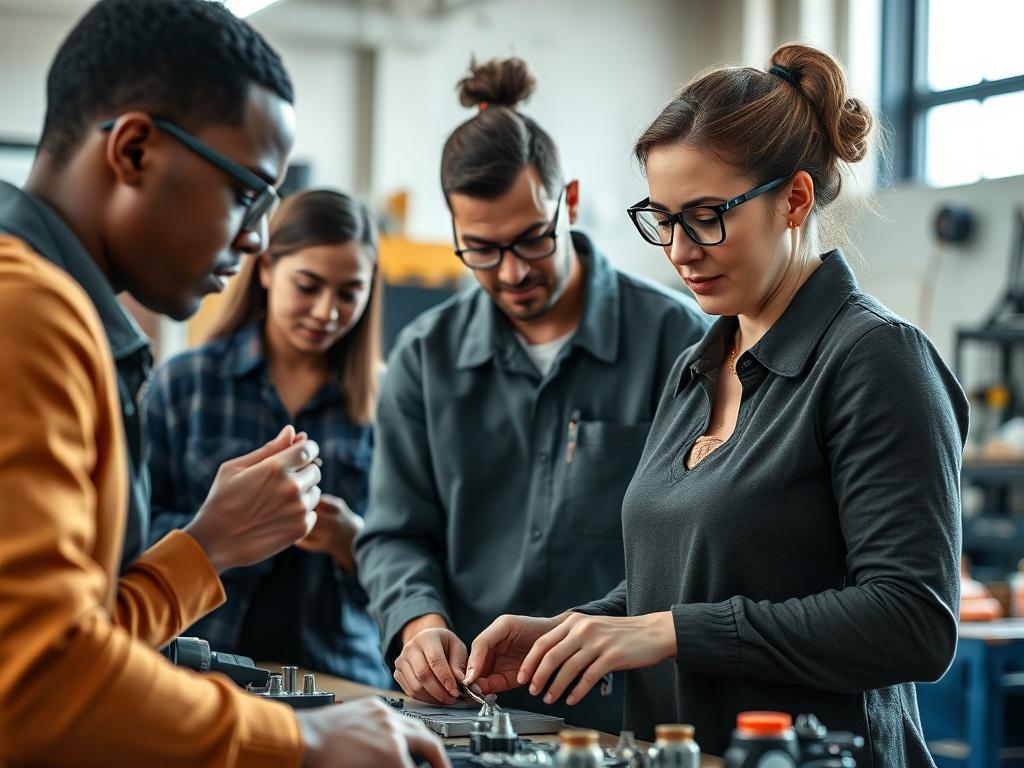 A close-up shot of a diverse group of adults engaged in a vocational training session, with a focus on a female instructor demonstrating a practical skill. The background is a well-lit training room with tools and materials visible, emphasizing a hands-on learning environment. The image should have a vibrant and engaging atmosphere, capturing the essence of professional growth and collaboration.