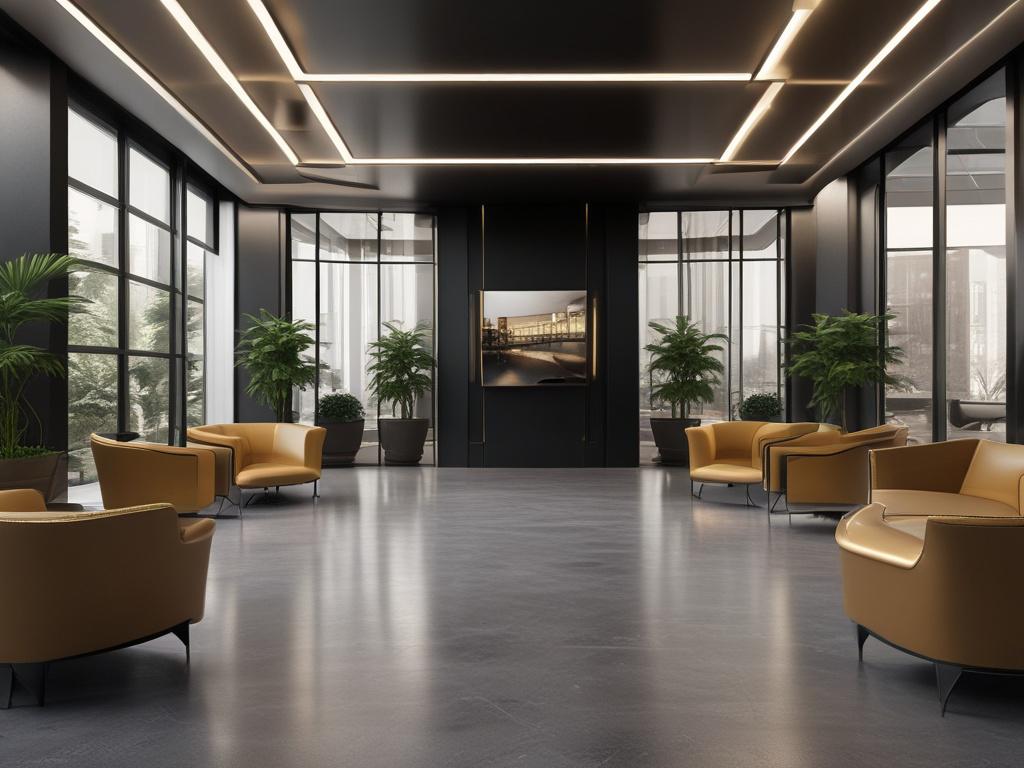 A high-resolution realistic photo of a luxury real estate sales office in Batumi, Georgia, showcasing sleek modern architecture with glossy black and gold accents. The scene includes a large digital screen displaying high-end property projects along the Black Sea coast. The background features a panoramic view of the sea and Batumi city skyline under a clear blue sky. The image should have mirror-like reflections and luminous highlights to emphasize luxury and sophistication. Composition is simple with a si