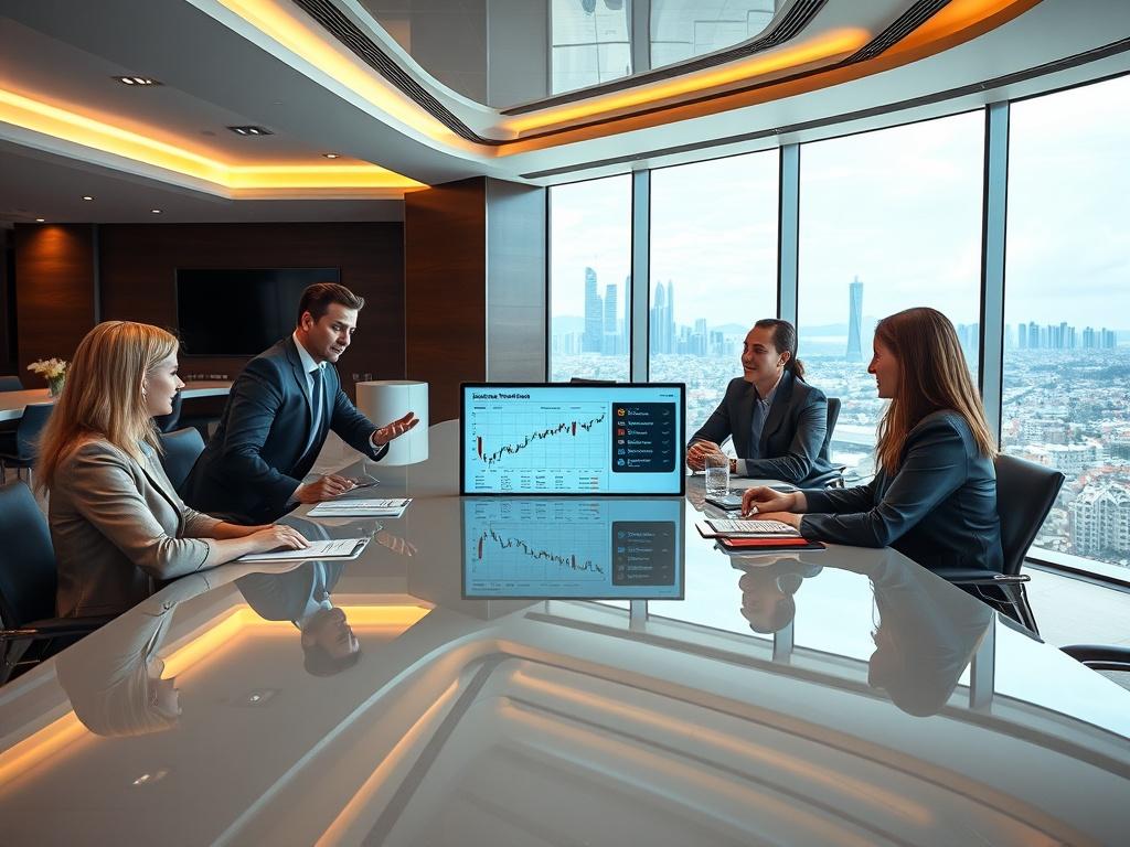 A luxurious office space with modern design, featuring a sleek conference table and high-end technology. A confident advisor presents a digital investment portfolio to a diverse group of engaged investors. The background showcases a panoramic view of Batumi's skyline, emphasizing a blend of sophistication and opportunity.