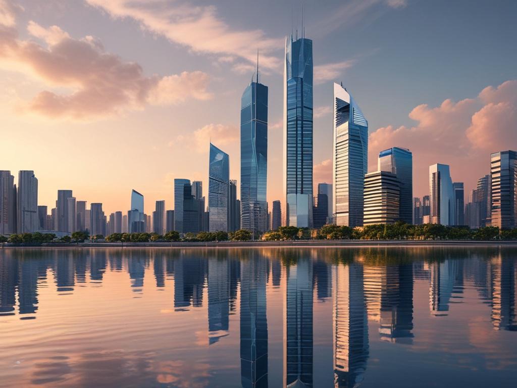 A hyper realistic, ultra shiny twin skyscraper complex reflecting sunlight