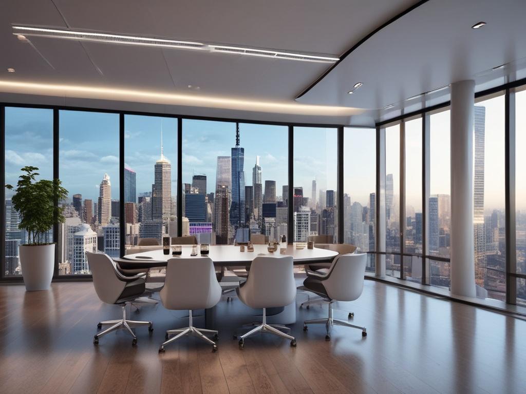 A sophisticated business meeting in a modern office with diverse