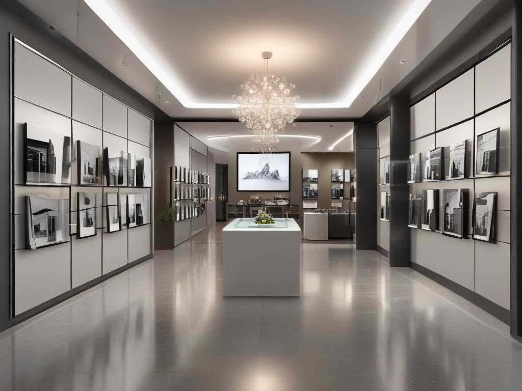 A sleek, modern sales gallery featuring large digital displays showcasing