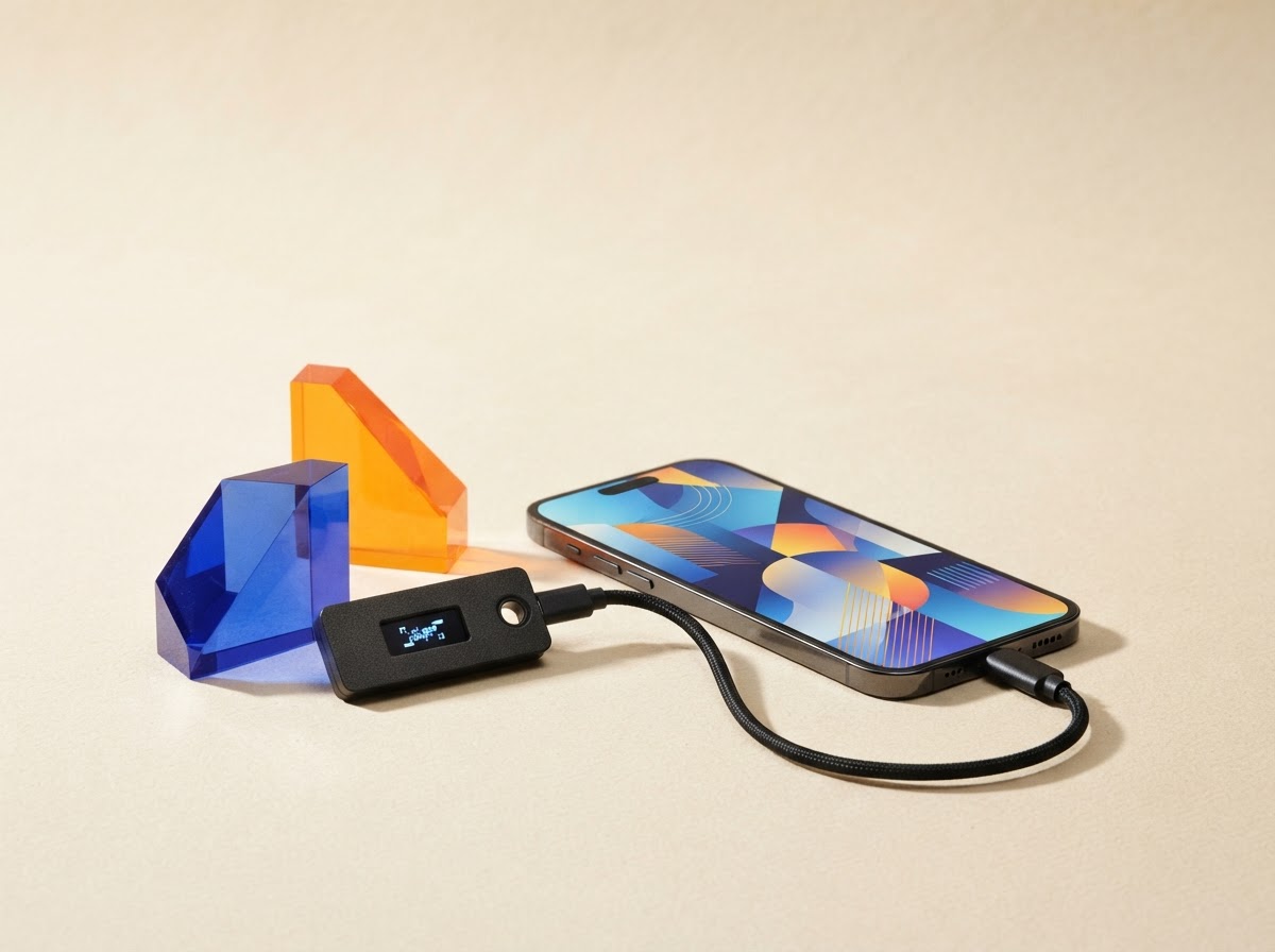 Unbranded hardware wallet and phone arranged with colorful geometric shapes