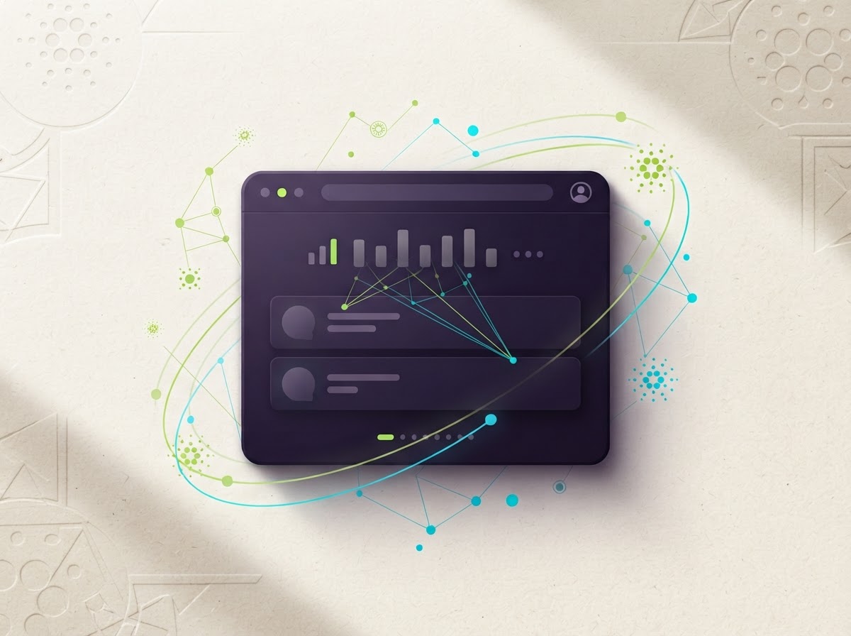 Illustration of a browser wallet interface with abstract Cardano-inspired network orbits