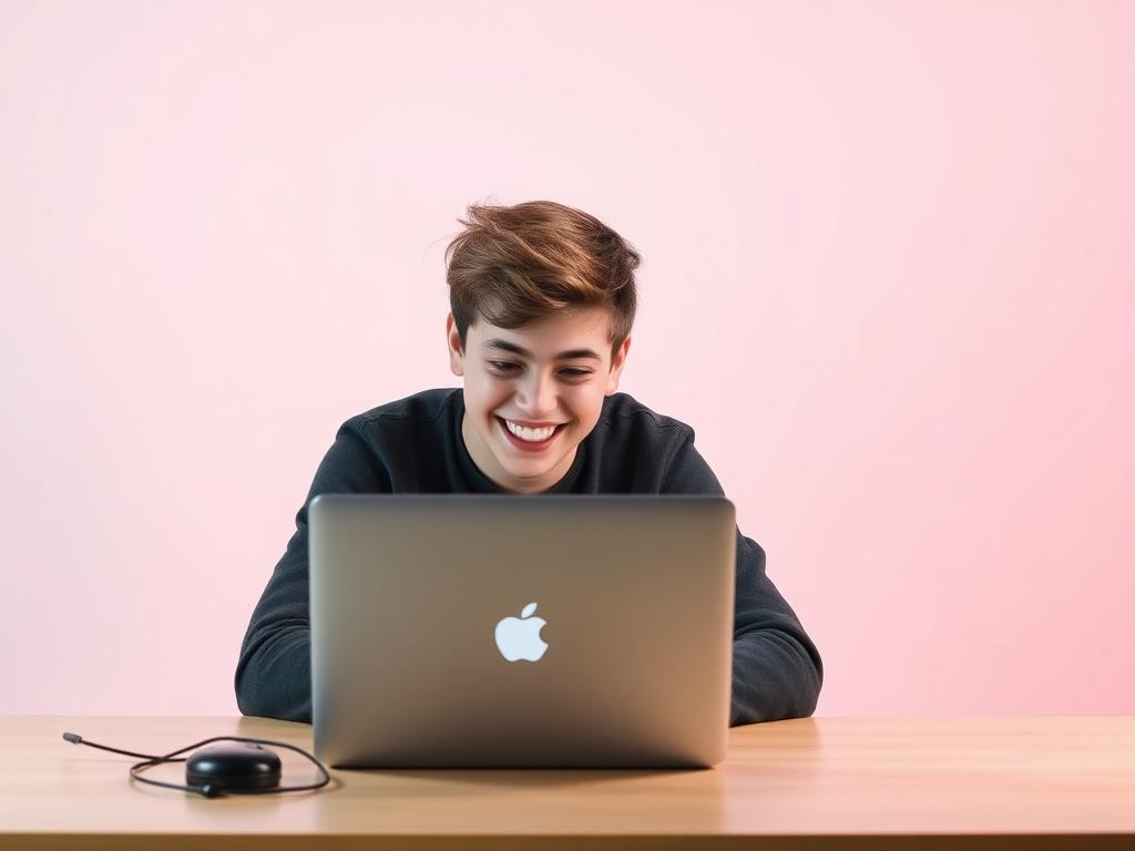 A realistic high-resolution photo of a young person sitting at a desk, focused on their laptop screen as they create a meme. The person has a joyful expression, reflecting creativity and excitement. The background is minimalistic, showcasing clean lines and vibrant colors, specifically emphasizing the RGB color of (50, 170, 39) to create a lively atmosphere.