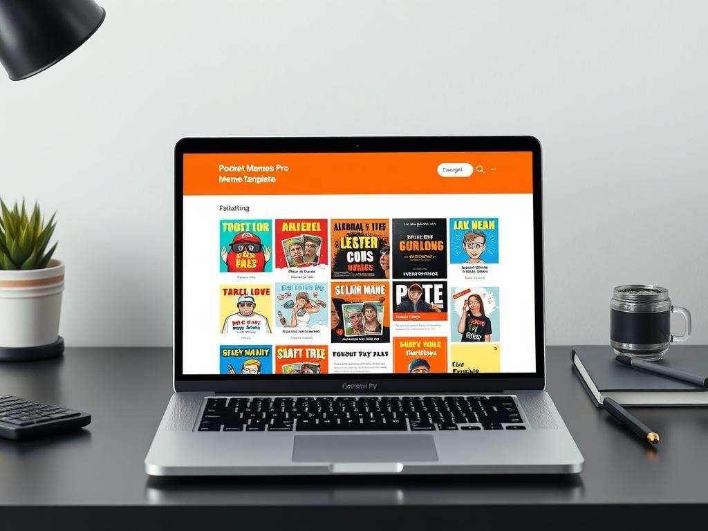 An overhead view of a stylish laptop on a modern desk, displaying the Pocket Memes Pro website featuring a grid of trending meme templates. Each template is visually engaging, showcasing vibrant colors and clear images. The background is minimalistic with soft lighting, emphasizing the sleek design of the laptop and the creativity of meme-making.