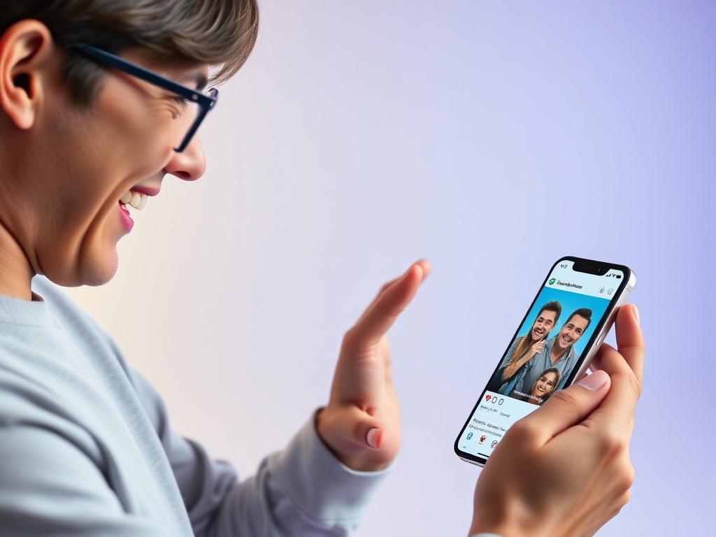 A high-resolution photo of a user engaging with a smartphone, showcasing the Pocket Memes Pro app interface on screen. The user looks delighted as they create a meme, surrounded by vibrant colors and a clean, minimalistic background that highlights the app's features.