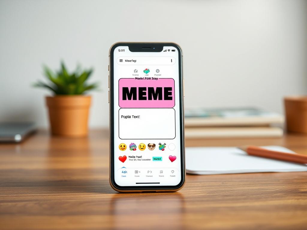 A close-up of a sleek smartphone displaying a vibrant meme creation app interface. The screen shows a popular meme template with editable text fields, surrounded by colorful emojis and trending hashtags. The phone is placed on a wooden desk with a blurred background of a cozy workspace. The colors are bold and vivid, emphasizing the fun and creativity of meme-making.