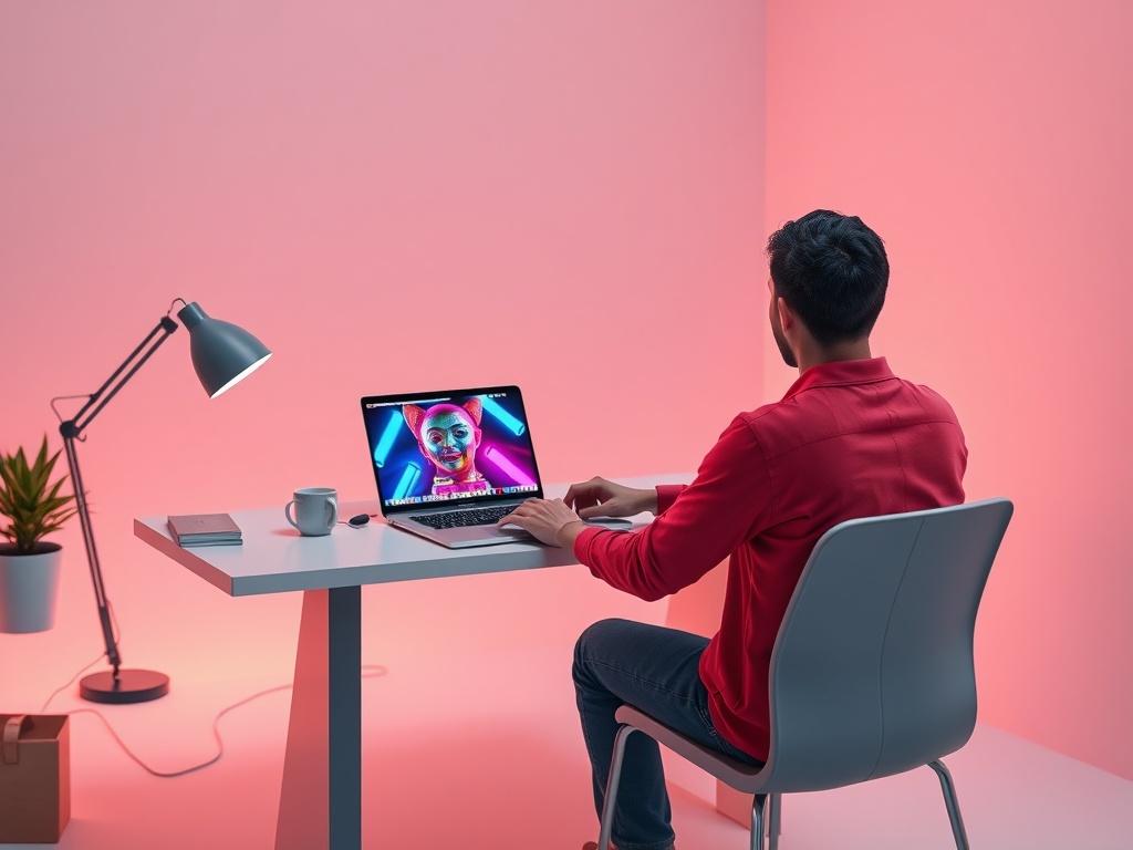 A person sitting at a clean, minimalist desk, using a laptop to create memes. The laptop screen shows a vibrant meme being generated. The background has soft, blurred colors to emphasize focus on the subject, with a splash of RGB(50, 170, 39) for a lively atmosphere.