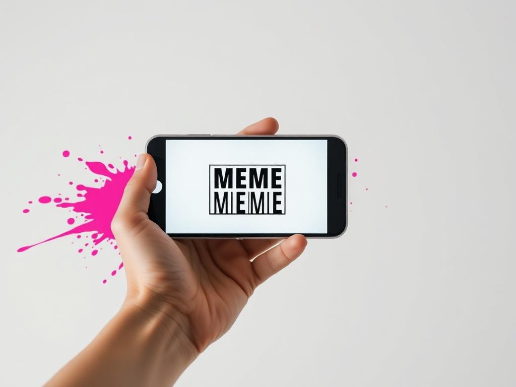 A smartphone held in a hand, displaying a freshly created meme ready for sharing on social media. The background is a clean, minimalist setting with a splash of RGB(50, 170, 39) accentuating the smartphone.