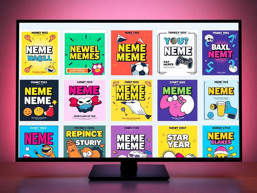 An array of colorful meme templates displayed on a digital screen, featuring bold graphics and eye-catching designs. The background consists of a soft gradient in RGB(50, 170, 39) to enhance the vibrant templates.