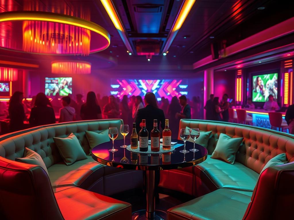 A luxurious VIP table setup at Euphoria Nightclub featuring elegant decor, plush seating, and ambient lighting. The scene showcases a single beautifully arranged table with premium bottles and glasses, surrounded by a vibrant nightlife atmosphere. The background is filled with colorful lights and silhouettes of partygoers, creating an energetic and exclusive ambiance.