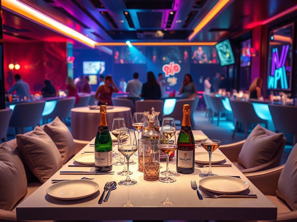 A luxurious VIP lounge setting with elegant decor, featuring plush seating and ambient lighting. The focal point is a beautifully set VIP table with exquisite tableware, champagne bottles, and stylish glasses. The background showcases a vibrant nightlife atmosphere with soft, colorful lighting and silhouettes of people enjoying themselves. The image captures the exclusivity and sophistication of the Pulse VIP Lounge experience.