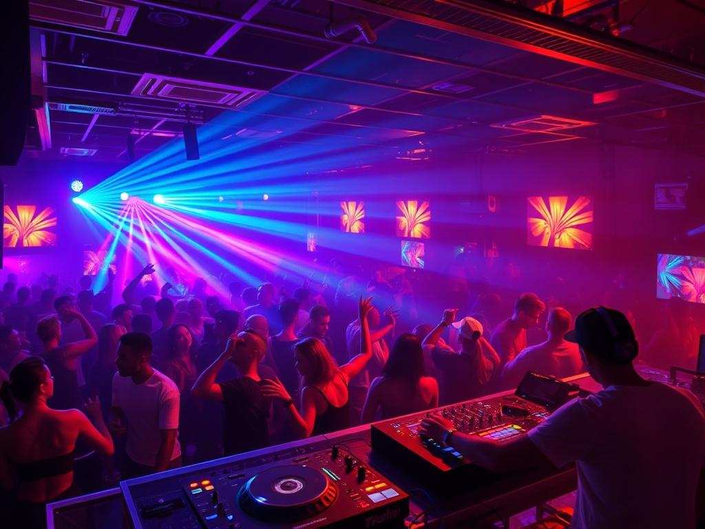 A dynamic, high-resolution photo capturing the energetic atmosphere of Ignite Club, featuring a lively dance floor, colorful lights, and a DJ spinning music. The image should showcase a vibrant crowd enjoying themselves, dancing, and celebrating, with a focus on the excitement and thrill of nightlife. Bold colors and sharp details should evoke a sense of energy and fun.