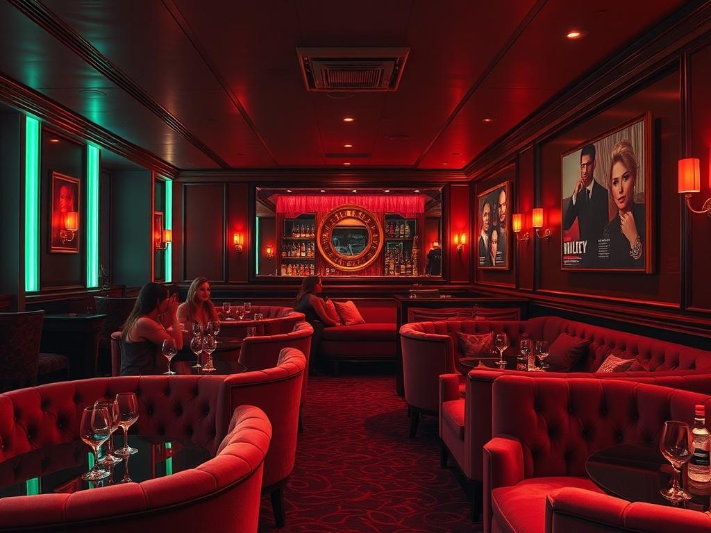 A high-resolution image of The Velvet Lounge, featuring plush velvet seating, dim ambient lighting, and stylish decor. The focus should be on a cozy, upscale atmosphere with elegantly dressed patrons enjoying drinks and entertainment. The scene should convey a sense of luxury and exclusivity, with rich colors complementing the vibrant nightlife vibe.