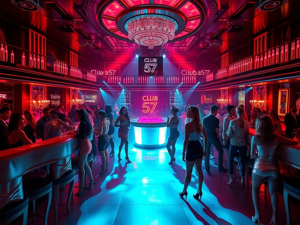 A high-resolution photo of a lively nightclub scene at Club 57, showcasing vibrant lighting, a packed dance floor, and beautiful entertainers in a glamorous setting. The composition should highlight the excitement of nightlife, with focus on the energy of the crowd and the luxurious decor. The colors should be bold and vibrant, reflecting the lively atmosphere.