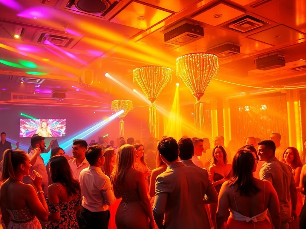 A vibrant scene of a themed party in an upscale club, complete with customized decorations and joyful guests. Colorful lights dance across the venue, highlighting a beautifully arranged space filled with laughter and celebration. Attendees are dressed elegantly, enjoying the atmosphere of joy and luxury, all captured in radiant golden tones.