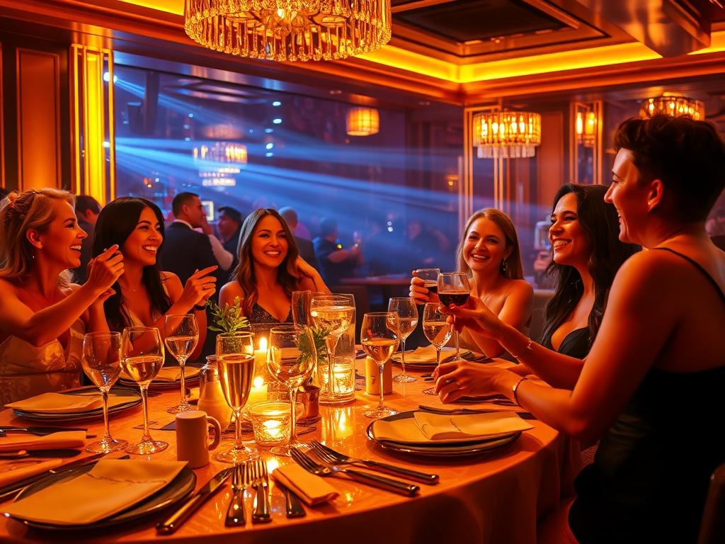 An elegantly set table in a vibrant club, adorned with luxurious decor and sparkling glassware. The table is positioned near the dance floor, with dynamic lighting illuminating the scene. A group of stylish friends are enjoying drinks and laughter, radiating joy and excitement in a glamorous nightlife setting, all captured in warm golden hues.