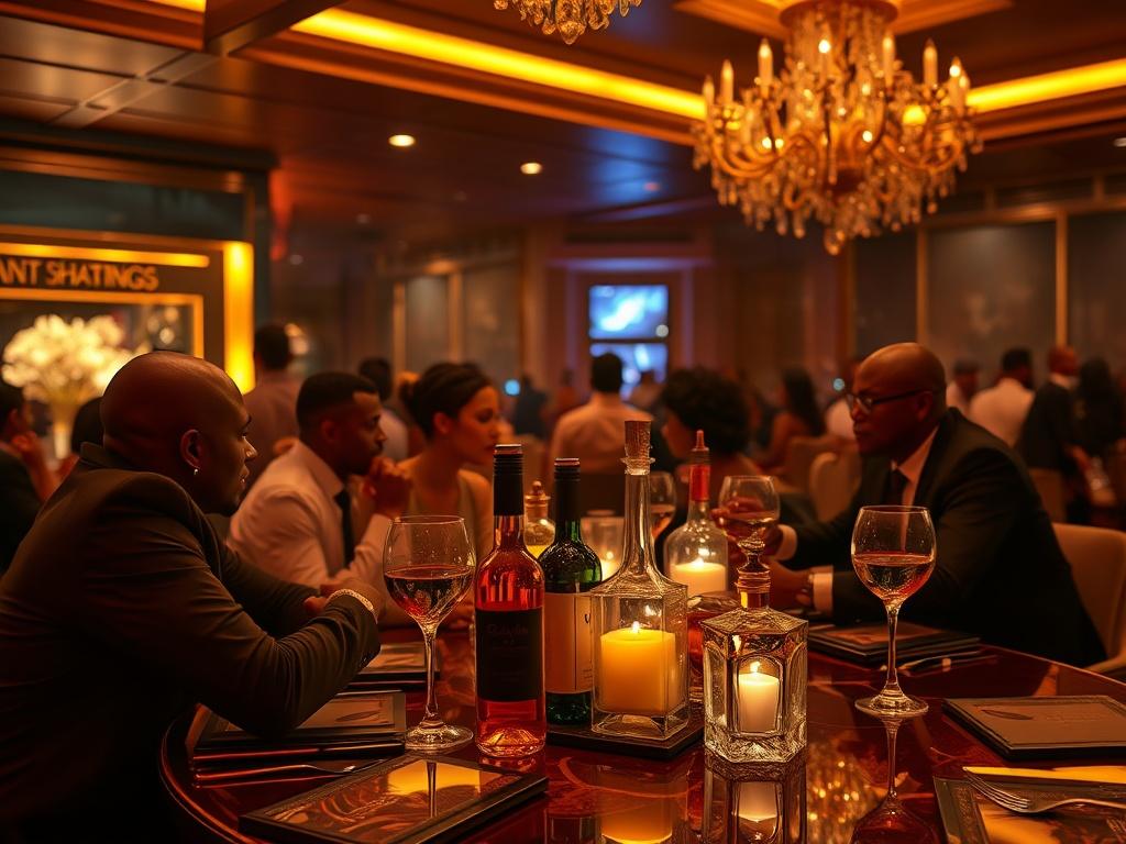 A luxurious table setup in a high-end Abuja nightclub, featuring premium bottles, elegant glassware, and a stylish ambiance. The scene includes a group of friends enjoying their night, with a waitstaff attending to their needs. The image should reflect an atmosphere of luxury and exclusivity, with vibrant lighting and an energetic crowd in the background.